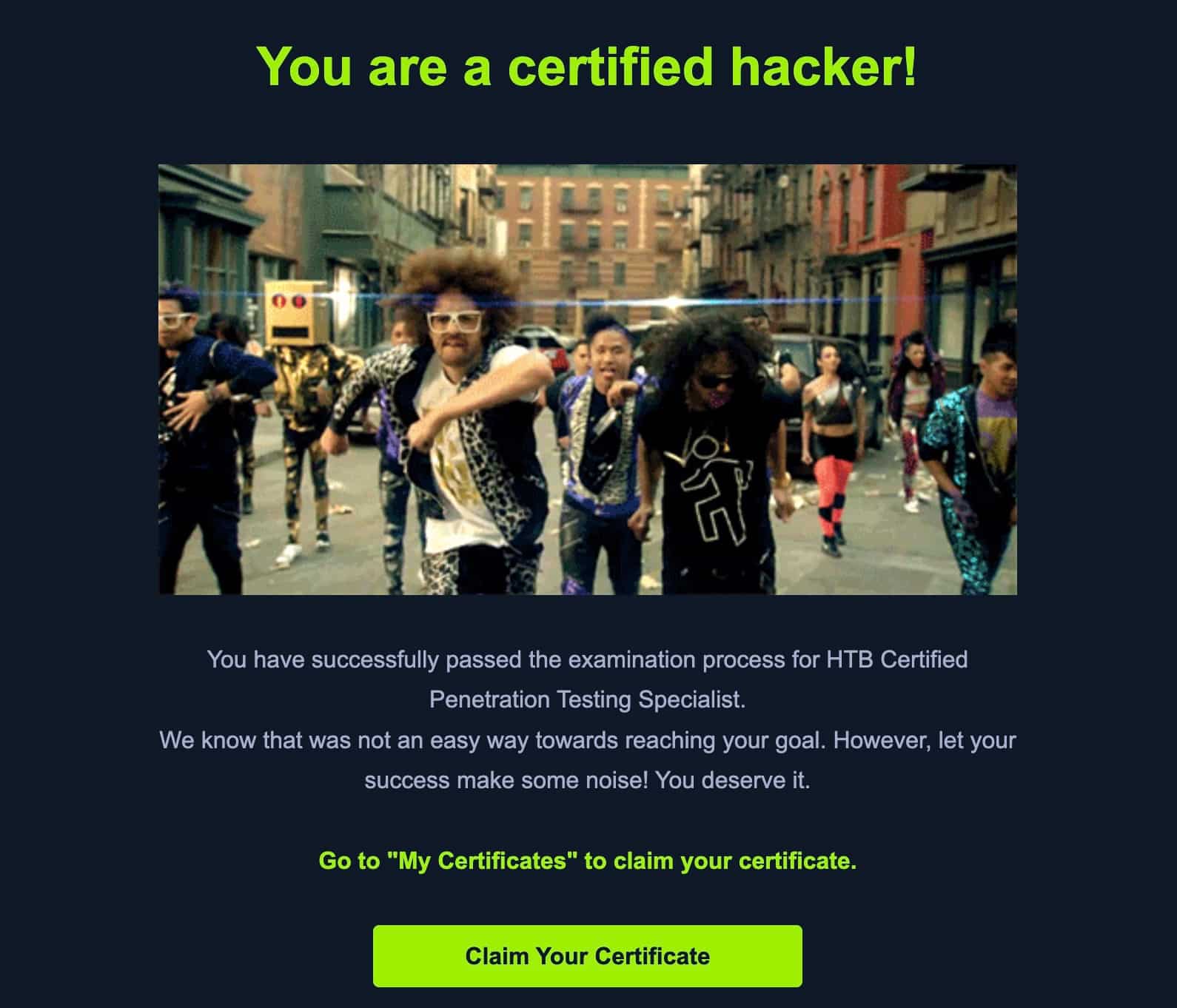 HackTheBox CPTS exam passed confirmation email